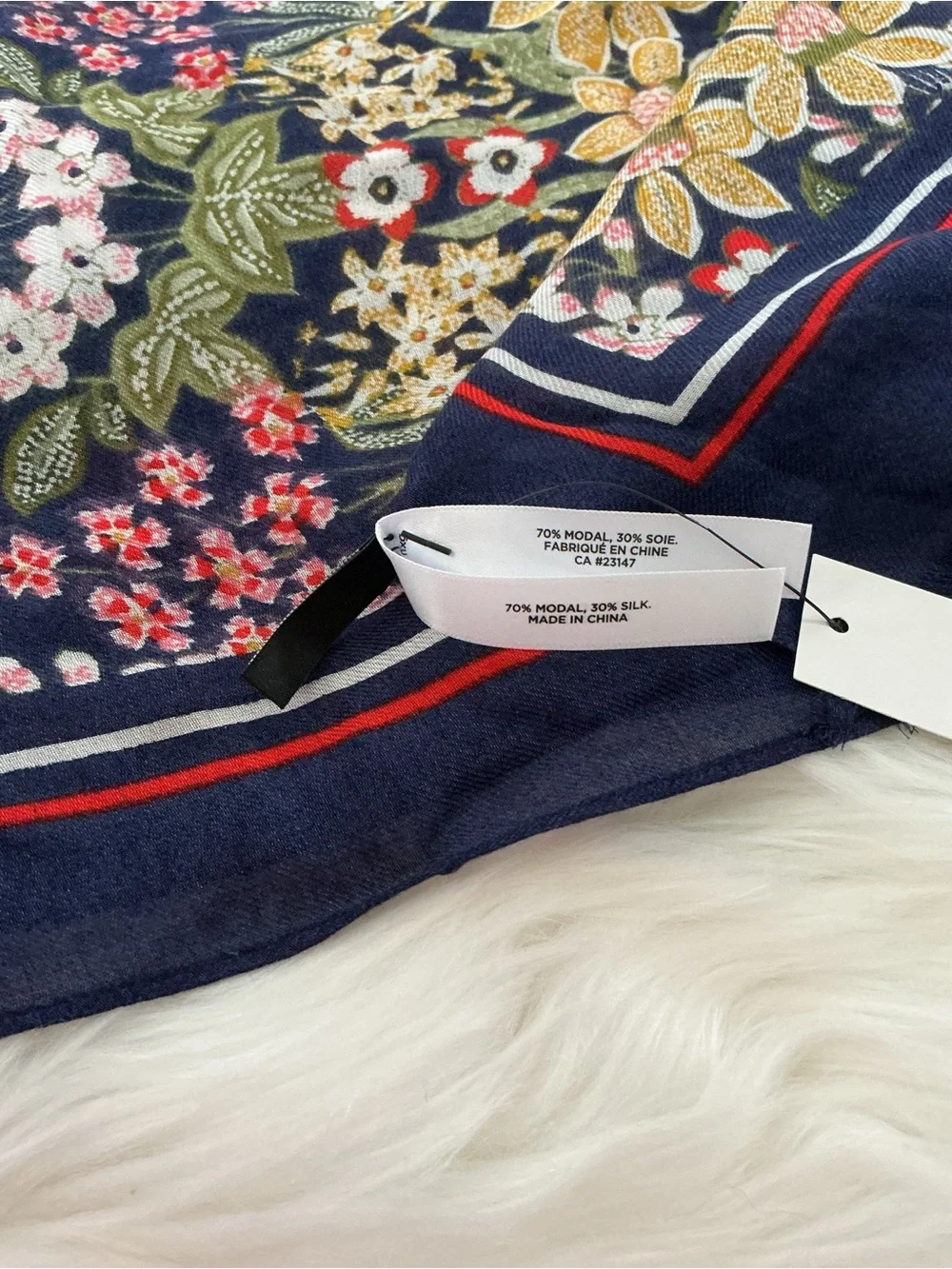 NWT Talbots Navy Floral Silk Blend Scarf with Red and Yellow Blooms